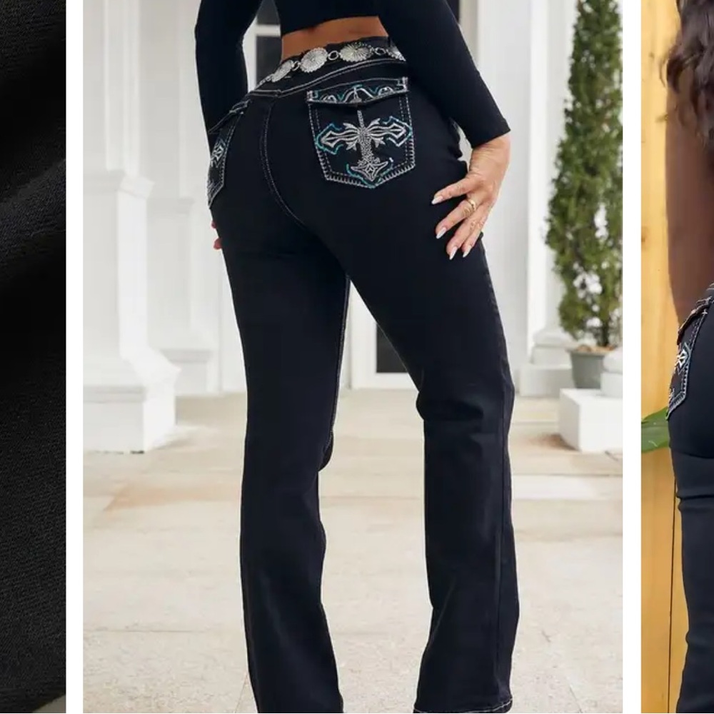 Flamingal Black High Waist Embroidery Pocket Bootcut Jeans Stretch Butt Lift 3X